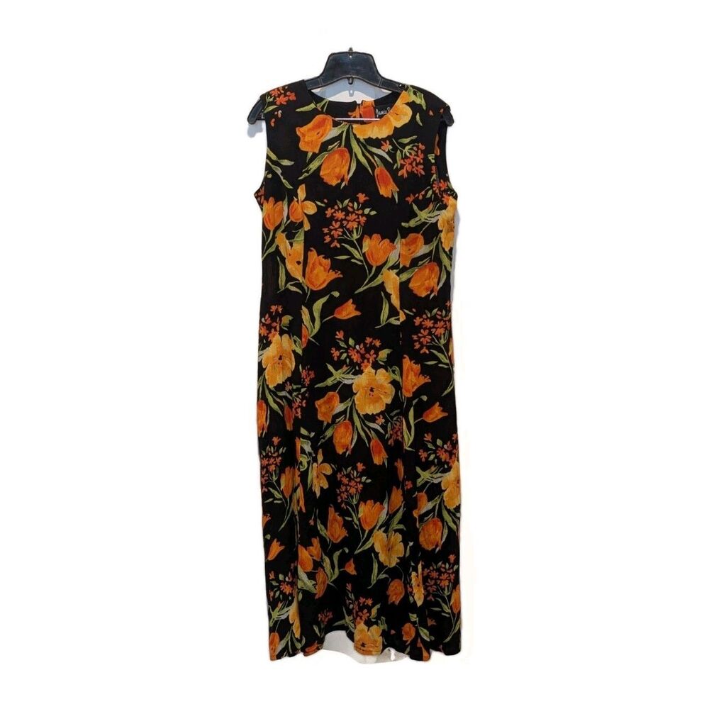 Vintage Cottagecore Floral Maxi‎ Dress 90s Grunge Boho Black Rayon Colorful